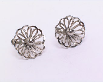 Vintage Modernist Earrings Atomic Flower Sterling Silver Screw Back Sputnik Mid Century