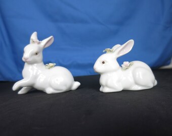 Vintage White Porcelain Bunny Rabbit Figurines set of two with applied flowers