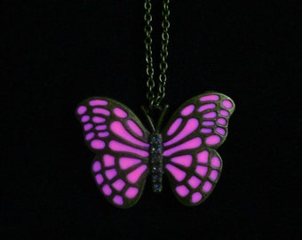 Pink Butterfly Necklace Glow In The Dark Necklace Pendant Antique Bronze