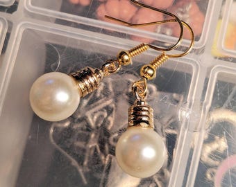 Lightbulb Earrings - Gold Earrings - White Earrings