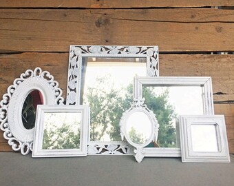 Farmhouse Cottage Chic Ornate White Mirror Set of 6 - Upcycled framed True White Ornate mirrors.. great for Gallery Wall or Bedroom