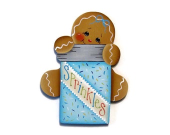 Ginger With Sprinkles Fridge Magnet or Ornament, Handpainted Wood Gingerbread Refrigerator Magnet, Hand Painted Ginger, Tole Painting