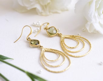 Green drop earrings, Green dangle earrings, Gold and green earrings, Gold teardrop earrings, Gold and green jewelry, Green teardrop earrings