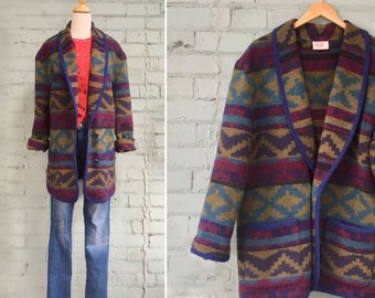 1980s blanket coat / 80s Navajo blanket coat / 1980s wool coat / 80s southwestern coat