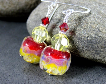 Lemon Yellow Red Glass Dangle Earrings, Bright Colorful Earrings, Boro Lampwork Earrings, Drop Earrings, Boho Earrings, Colorful Jewelry