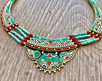 Turquoise lapis Statement necklace, turquoise jewellery,Tibetan necklace , turquoise jewellery, bohemian necklace, gypsy necklace, Tibetan