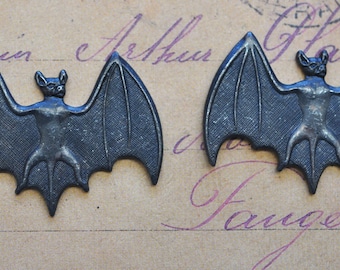 TWO Bat brass stampings, black satin finish, Gothic Findings, Jewelry Supplies and Craft Supplies Made in the USA