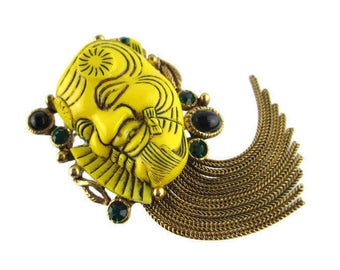 Selro Noh Mask Pin/ Yellow Okina (Hakushikijyo) Pin /Japanese Theater Noh Mask Gold Tone Pin/ Signed Selro Corp. Devil Fringe Brooch