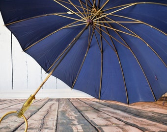 Vintage Umbrella, Navy Blue, Gold and Acrylic Handle, All Nylon, Room Decor, Spring and Summer, Baby Shower, Bridal Shower, Theater Prop
