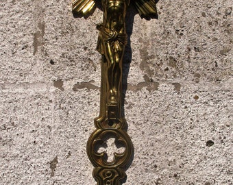 Large Hanging Ornate Crucifix Cross Brass Jesus Christ Fleur de Lis WOW 26.18"