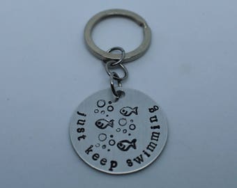 Just Keep Swimming hand stamped keychain