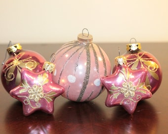 FIVE – Collection of Five Pink and Gold Ornaments – Stars and Balls – West Germany
