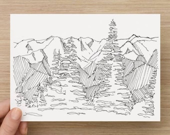 Ink Sketch of Olympic Mountain Range in Washington - Drawing, Art, Trees, National Park, Snow Covered, Landscape, 5x7, 8x10, Print