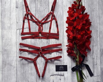 Body harness, open panties, strappy panties, bdsm, harness lingerie, wine colour