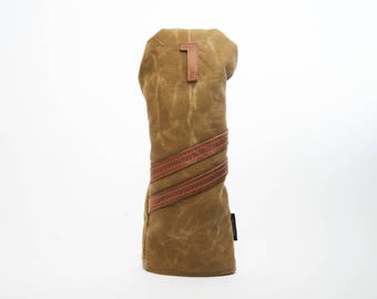 Personlized handmade Golf Headcover in Tan, Golf club Head Cover, Waxed Canvas golf gifts for men