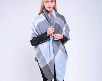 Scottish Outlander Plaid Blanket Monogrammed Scarf Light Blue Tartan Plaid Scarf Winter Blanket Tartan Scarf Women Ladies Plaid Scarf