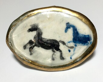 Unsigned Enamel Hand Painted Horses Scene Brooch Pin