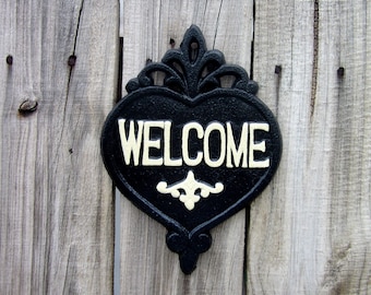 Welcome Sign, Cast Iron, Black, Ivory, Painted, Welcome Plaque, Door Welcome Sign, Ornate Welcome Plaque, Indoor, Outdoor, Welcome