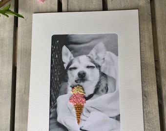 Hand embroidered greeting card, black and white photography, chihuahua with ice cream cone