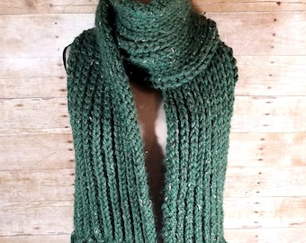 Chunky Ribbed Scarf, Knit Scarf, Ribbed Scarf, Chunky Scarf, Scarf with Fringe, Fringed Chunky Scarf, Green Scarf, Green Tweed, Fringe Scarf