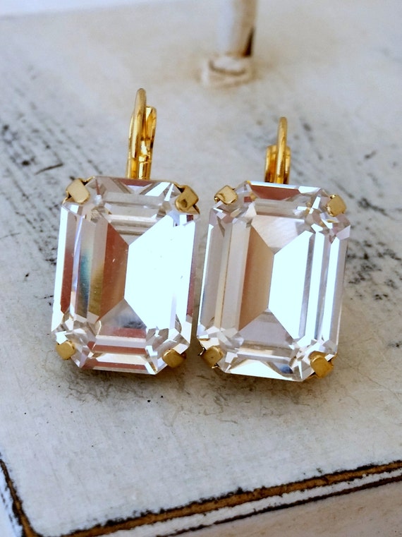 Clear white crystal drop earrings Swarovski rectangle drop