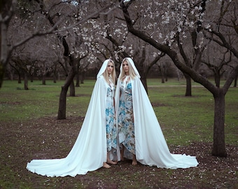 Wedding cape bridal cloak natural white ivory satin cape with hood handfasting