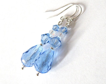 Pastel Blue Crystal Drop Earrings, Sterling Silver and Light Sapphire Swarovski Crystal, Ear Wire Options