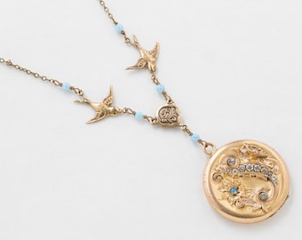 Locket Necklace, Antique Victorian Locket in Gold Filled with Opal and Crystal, Bird Charm, Repousse Flower & Leaf, Vintage Photo Locket