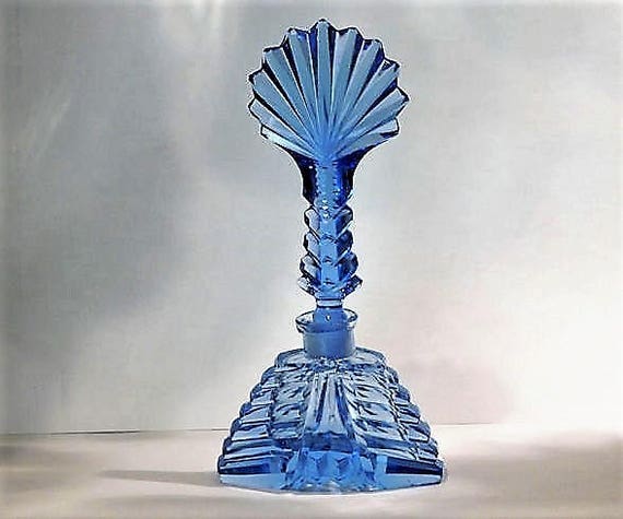 Art Deco Czech Perfume Bottle / Cut Blue Crystal Glass