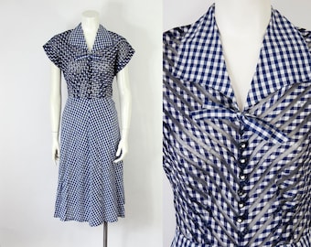 40s Vintage Blue Gingham Cotton and Mesh Midi Day Dress (M)