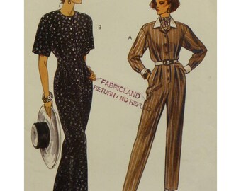 Shirt Style Jumpsuit Pattern, Button Front, Front Pleats, Long/Short Sleeves, Belted, Pointed Collar, Vogue No. 8642 UNCUT Size 14 16 18