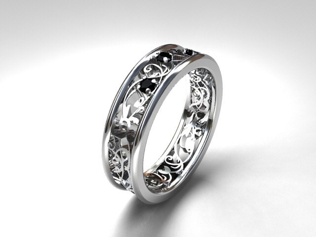 Black Diamond ring white gold wedding band Filigree ring