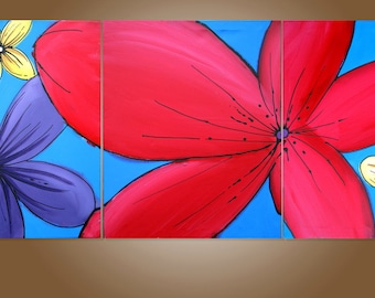 Wall triptych art "floral hacienda" modern painting Abstract Painting flower floral art huge wall art large 48 x 20 "