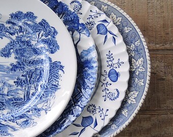 Mismatched Blue and White Dinner Plates for Weddings Set of 4 English Blue Transferware English China, Rustic Replacement China