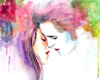 Twilight Bella and Edward Kiss Watercolor Painting Print