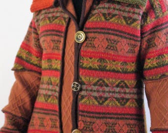 Autumn Colored Sweater Coat/Rust, Olive/ Altered Clothing/ Size Medium/Large