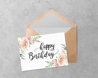 Printable Birthday Card - Instant Download PDF Cute Watercolor Flowers Birthday Card Template - Cut and Fold Floral Card
