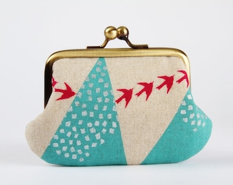 Metal frame purse with two sections - Hills in turquoise - Siamese daddy / Echino Japanese fabric / Two pockets / metallic silver / pink