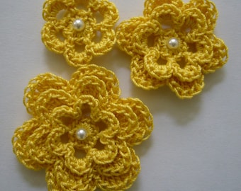 Yellow Crocheted Flowers - Bright Yellow With a Pearl - Cotton Embellishments - Crocheted Flower Appliques - Crocheted Flower Embellishments