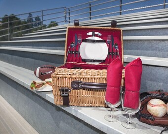 Picnic Basket with service for two including wine glasses, plates,and stainless flatware and corkscrew