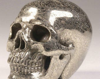 Stunning Memento Mori Carved Pyrite Stone Skull Realistic Figure 2" Healing Pendant