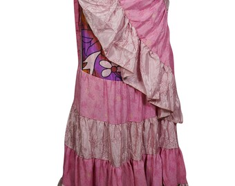 Pink Printed Long Wrap Skirt Ruffle Flare Gypsy Hippie Chic Summer Upcycled Silk Sari Vintage Maxi Skirts