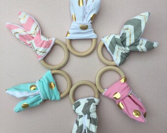 Baby Organic Wooden Bunny Ear Teething Ring - With Crinkle Material for a Sensory Experience - One Supplied