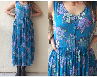 90s Vintage Boho Blue & Floral Indian Rayon Babydoll Empire Waist Maxi Dress