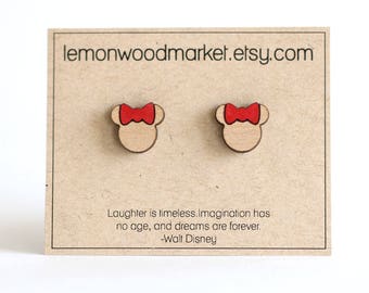 Minnie mouse earrings - alder laser cut wood earrings - minnie earrings - disney earrings