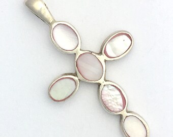 Vintage Sterling Silver Pink Mother of Pearl Cross Crucifix Pendant