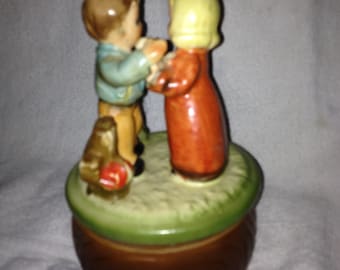 Vintage Music Box With Children Playing with chicken
