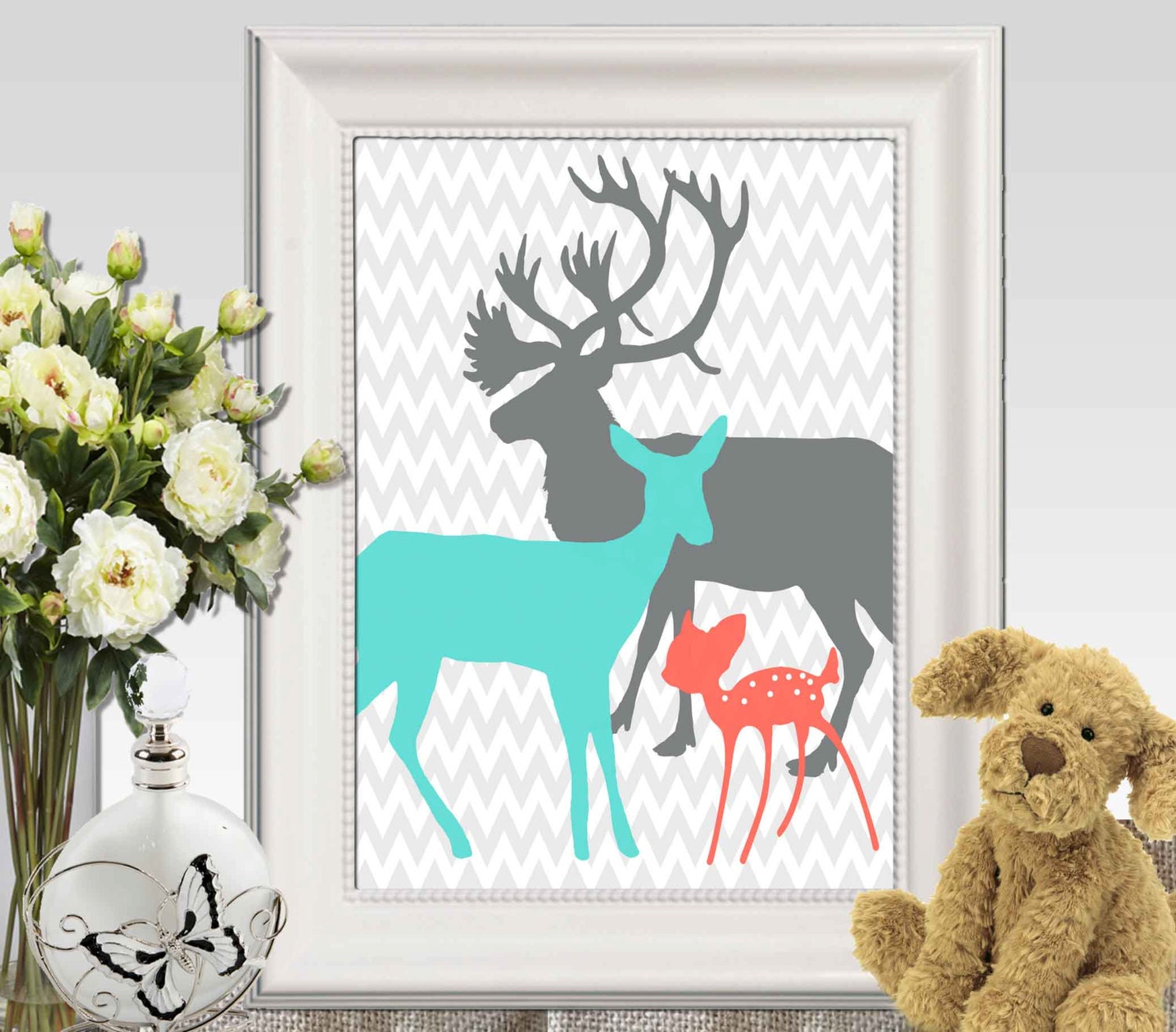 Turquoise Gray Boy Girls Bedroom decor print Deer family