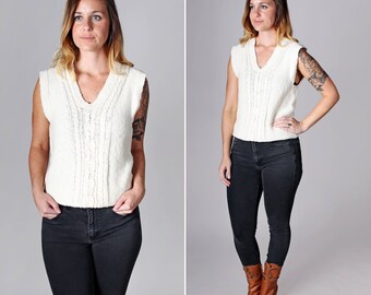 Vintage Cream Cable Knit Sweater - Top Shirt Knit Pull Over Womens Short Sleeve 1970's 70's White Ivroy V Neck Vest Rib Knit - Size Small