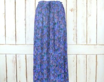 Blue/purple floral print boho crinkle vintage stretch waist maxi skirt/long Indian crinkle skirt/festival skirt
